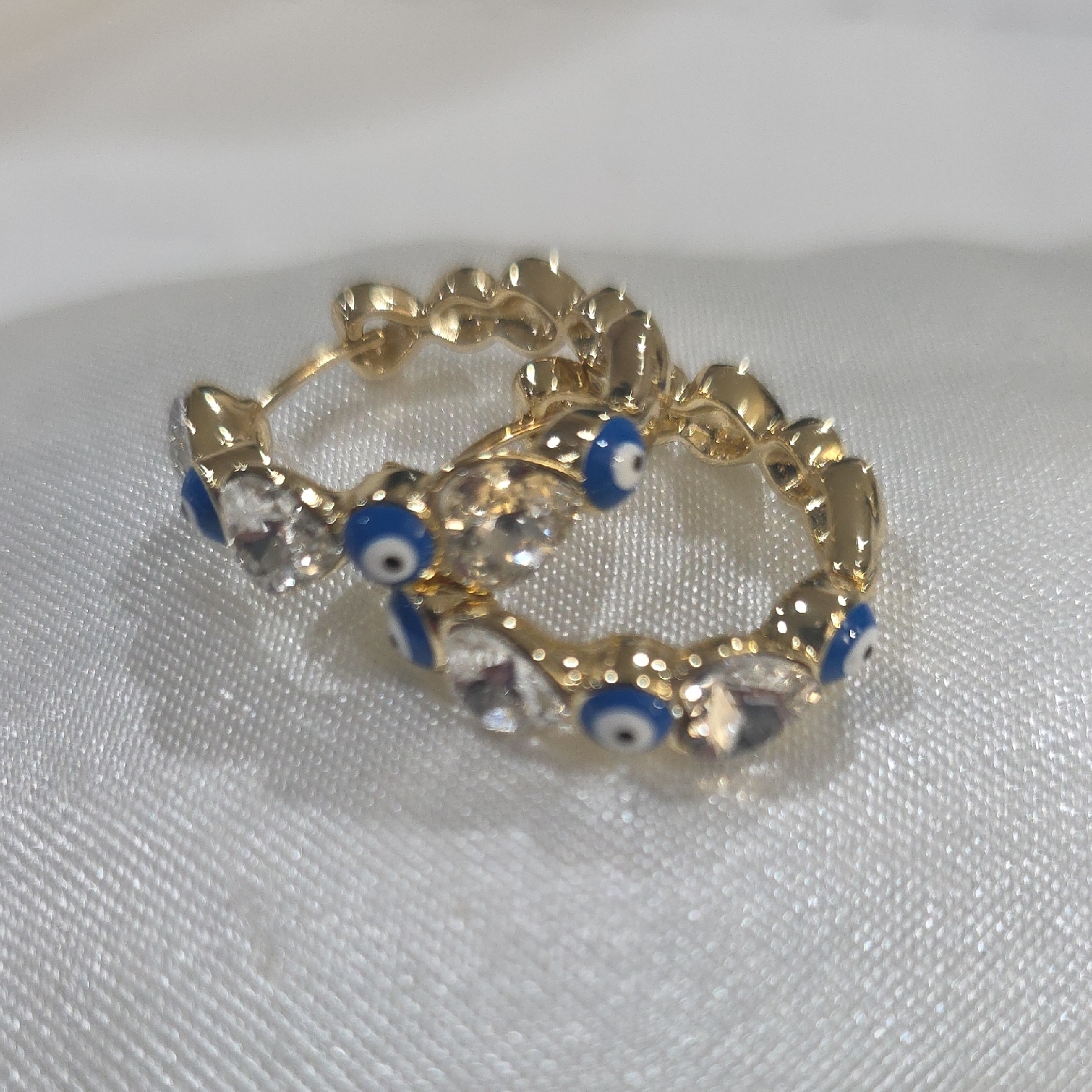14k Gold Plated Evil Eye Hoop Earrings With Blue Accents